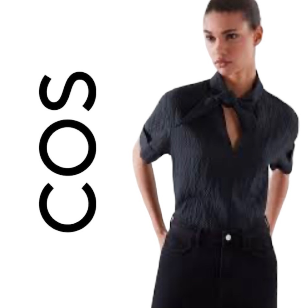 COS Seersucker Short Sleeve Blouse with Tie, Black, 12